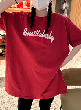 JL SUNFLOWER红色纯棉休闲短袖t恤女2022新款宽松大码加厚打底衫