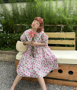 韩国东大门夏季2022新款气质大码宽松显瘦甜美碎花泡泡袖连衣裙女