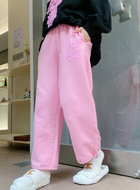 JL SUNFLOWER大码宽松直筒白色休闲裤女秋冬高腰运动纯棉哈伦卫裤