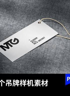 灰色织物面料上服装吊牌模型上的标签样机VI提案展示效果图PS素材