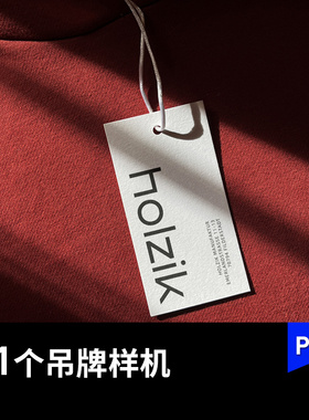 红色织物背景上服装吊牌标签模型PS样机VI提案展示贴图效果图素材