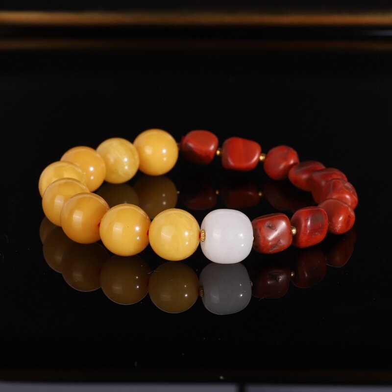 天然琥珀蜜蜡手串鸡油黄手链搭配包浆料南红随型日常搭配设计款