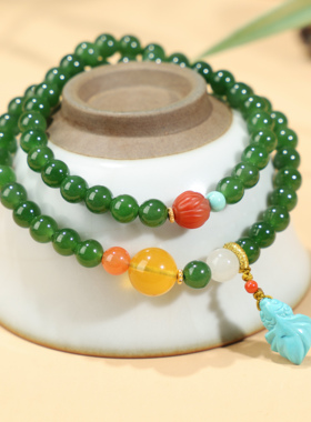 和田玉手串俄料菠菜绿碧玉