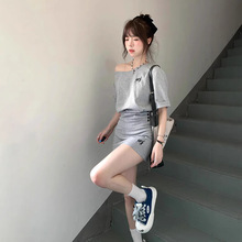 斜肩纯欲chic甜辣穿搭独特漂亮掐腰连衣裙夏日绝美小裙子套装女装