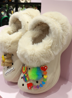 crocs洞洞鞋卡洛驰女鞋鲸鱼暖棉BAE厚底冬款加绒保暖拖鞋211753