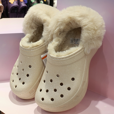 crocs洞洞鞋云朵闪耀暖棉拖鞋