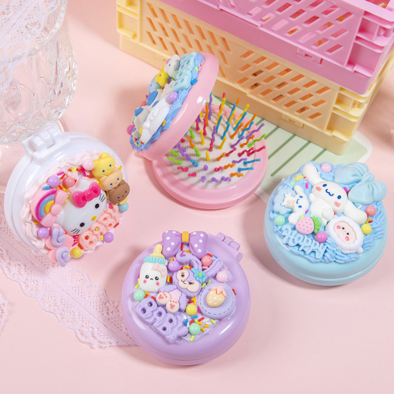 奶油胶手工diy镜子小圆镜梳子一体ins折叠气囊随身携带自做材料包