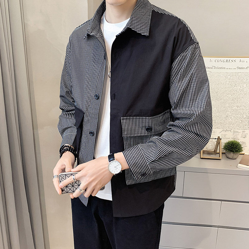 2021秋装新款拼接潮牌夹克男士休闲条纹衬衫外套JK8863-P85控118图片
