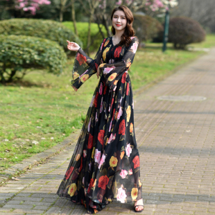 大裙摆喇叭袖 及踝长袖 仙女连衣裙海边沙滩 大码 超仙雪纺长裙长款