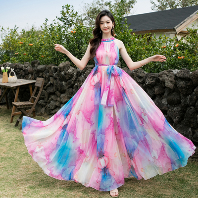 大摆裙雪纺印花连衣裙大码显瘦