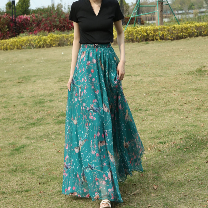 夏季新款复古印花雪纺半身裙长款高腰A字裙大摆裙仙女舞裙