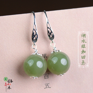 S925银和田玉12毫米冰湖水绿圆珠耳坠银耳钩玉耳环防过敏811436