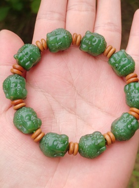 天然和田碧玉菠菜绿佛头手串