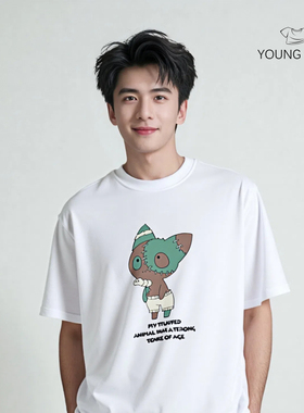 包邮宽松美式潮牌布偶卡通印花休闲百搭落肩短袖男女t恤情侣上衣