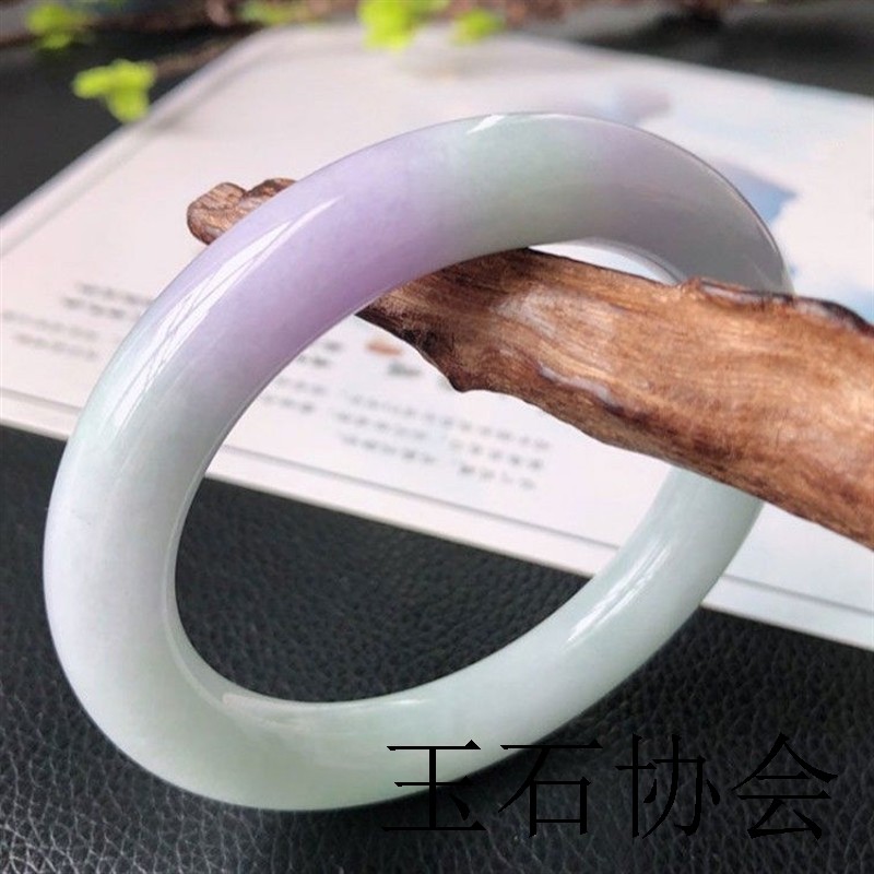 缅甸老坑翡翠冰糯种圆条春带彩翡翠手镯手镯圆条淡紫罗兰女款镯子