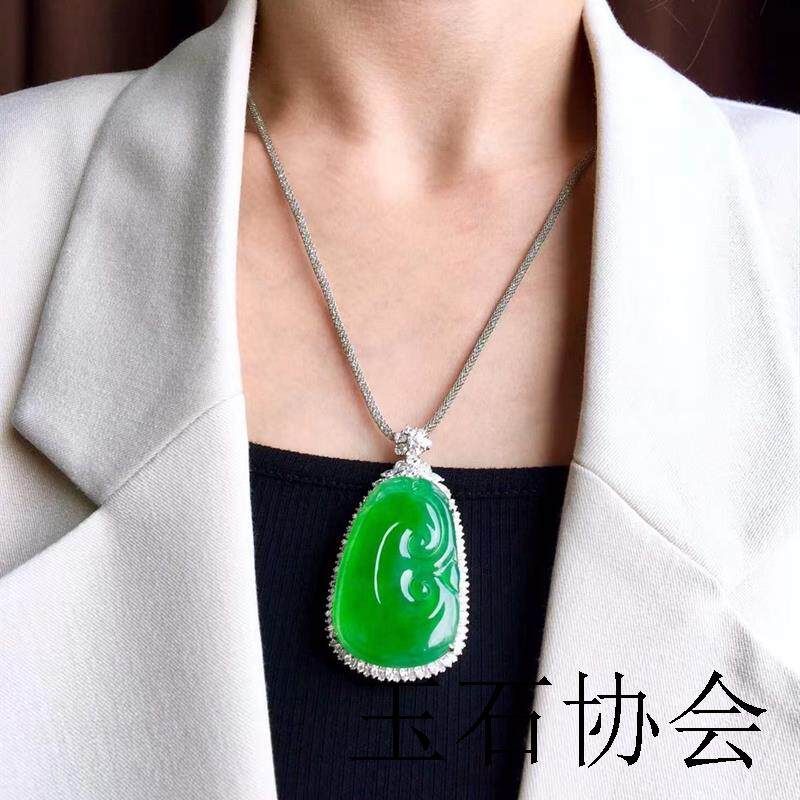 翡翠色阳绿如意吊坠银镶嵌不掉色女士笑佛公玉佩缅甸冰种翡翠送礼