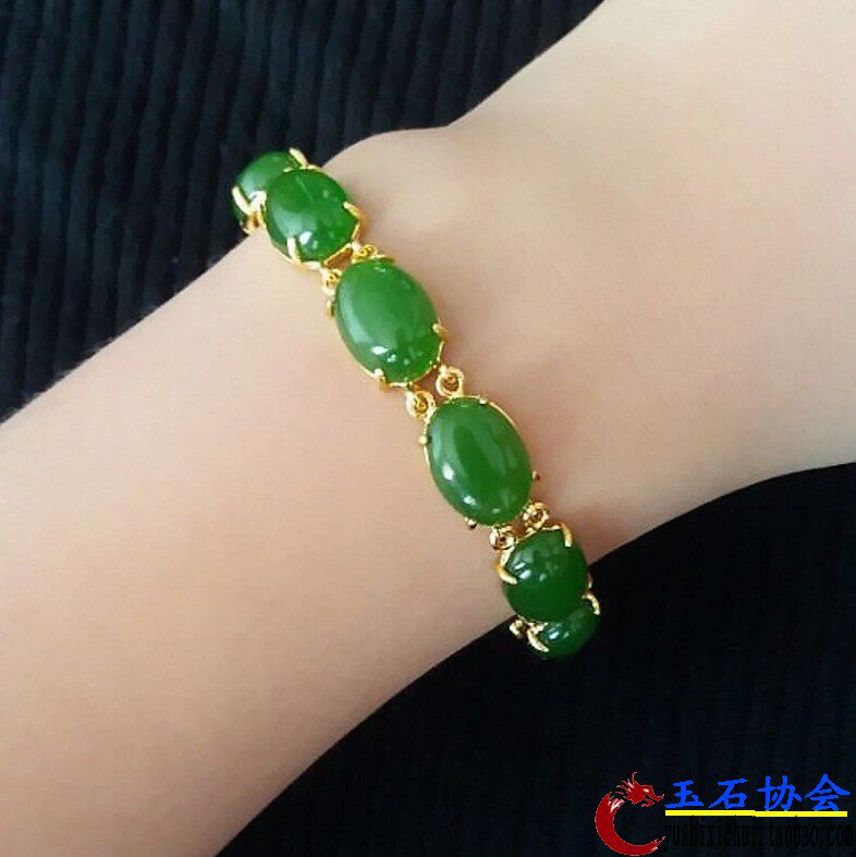 新疆和田碧玉籽料手链18K镶嵌珠串天然正品羊脂玉菠菜绿裸石戒面
