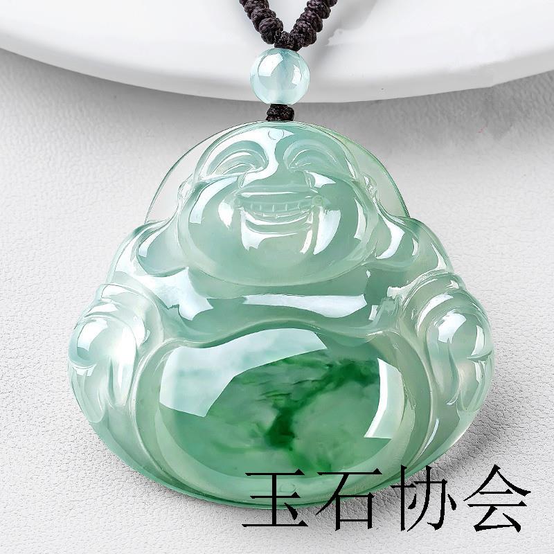缅甸冰种翡翠色飘花玉佛吊坠女浅绿飘花弥勒佛笑佛玉石独龙玉挂件