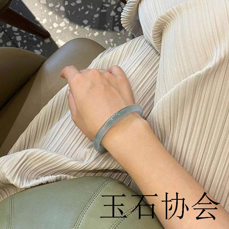 老坑翡翠色手镯女款冰种晴水玉镯子冰飘花玉石小细圆条叮当镯证书