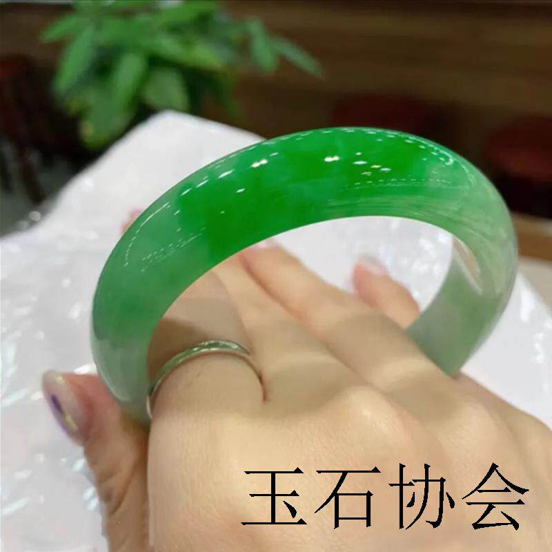 翡翠手镯缅甸冰糯种阳绿半山半水白绿扁条女镯玉石平安玉镯子送礼