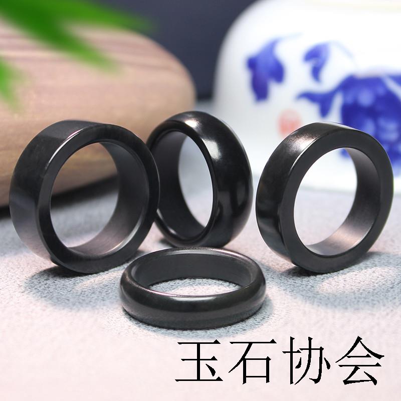 和田玉戒指新疆黑色玉石指环男女一刀直切指环尾戒圈羊脂墨玉扳指