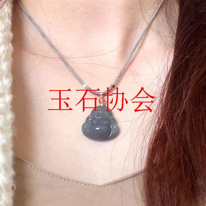 高端新疆老矿和田玉烟紫弥勒佛吊坠青海料原石雕刻笑佛玉毛衣项链