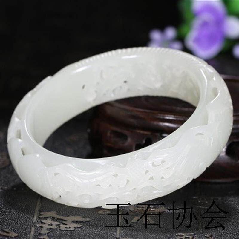 纯天然新疆和田玉雕花手镯羊脂白玉镂空雕刻玉镯子女款手饰品证书