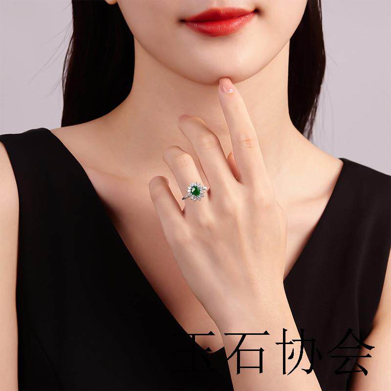 高端款翡翠色阳绿戒指冰种玉石银豪华镶嵌时尚指环女戒可调节戒指