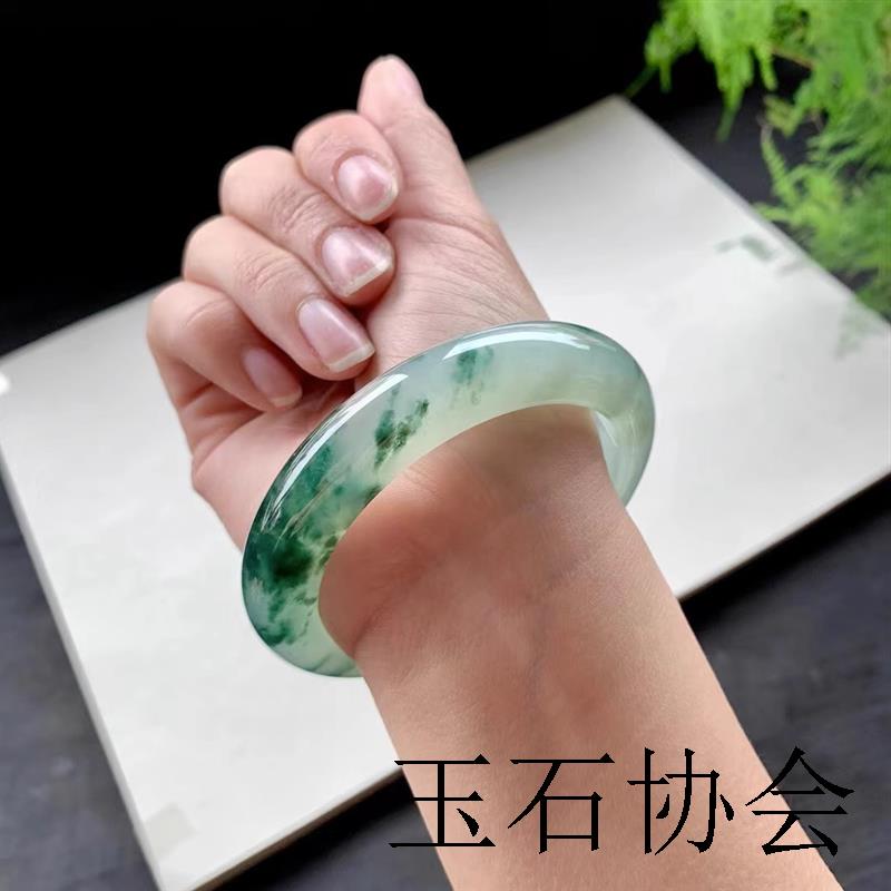 缅甸翡翠色飘花老坑圆条正圈贵妃手镯冰透全满绿飘翠花玉手镯女款