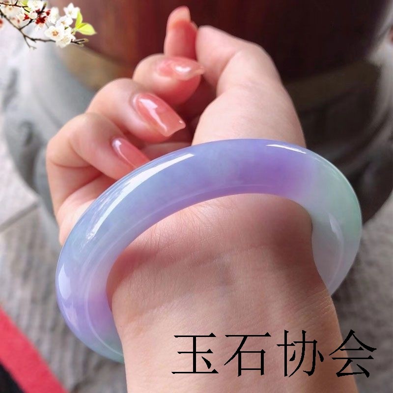 缅甸玉石翡翠圆条手镯女款手镯冰种春带彩玉手镯缅甸玉手镯玉镯子