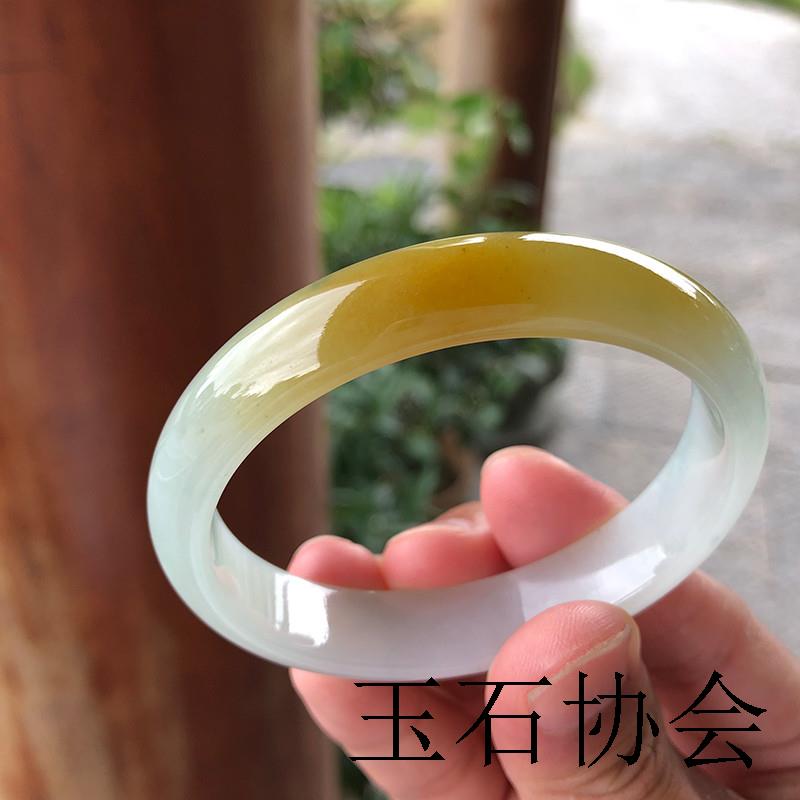 缅甸翡翠色糯冰种黄翡手镯半山半水鸡油黄平安镯翡翠黄玉手镯送礼