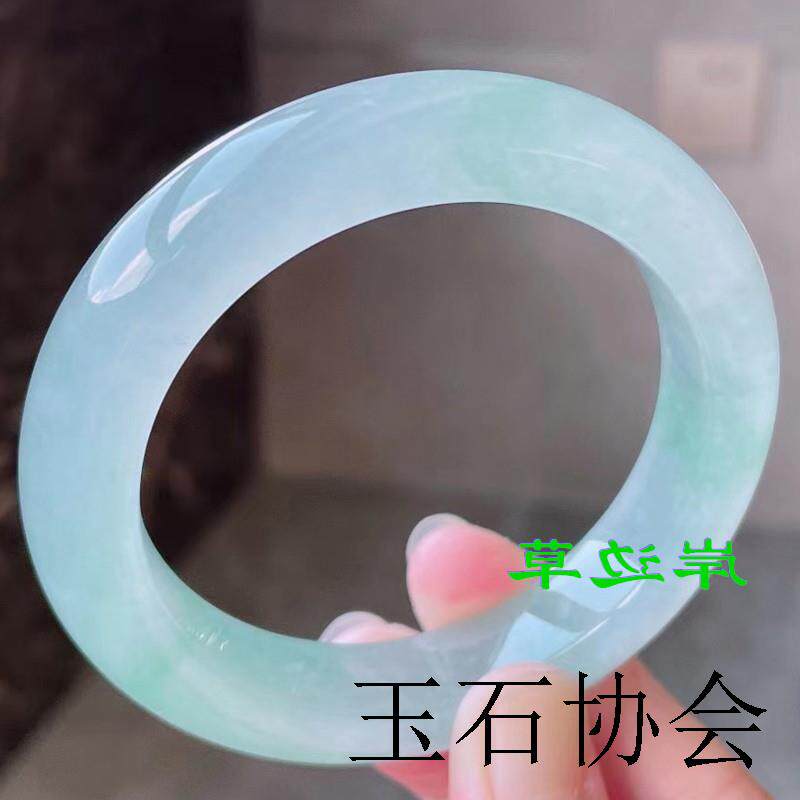 缅甸冰糯种翡翠色玉手镯飘阳绿通透蓝底飘花圆条正圈女款平安玉镯