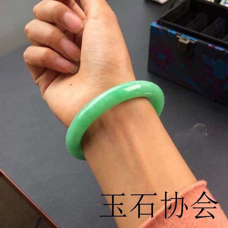 缅甸豆种翡翠手镯圆条玉手镯满绿冰糯种阳绿玉镯子高冰公主镯保真
