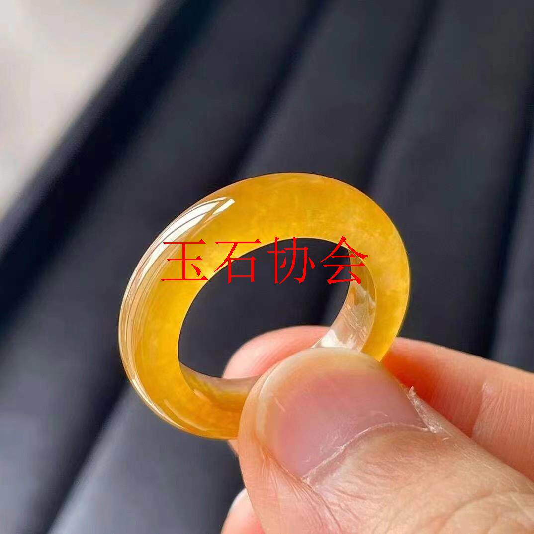 缅甸老坑冰种翡翠戒指鸡油黄翡戒圈素面男女处理玉石尾戒大小扳指