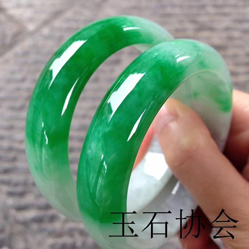 翡翠色玉手镯缅甸老坑玉石正圈冰糯种飘阳绿满绿贵妃宽边女款玉镯