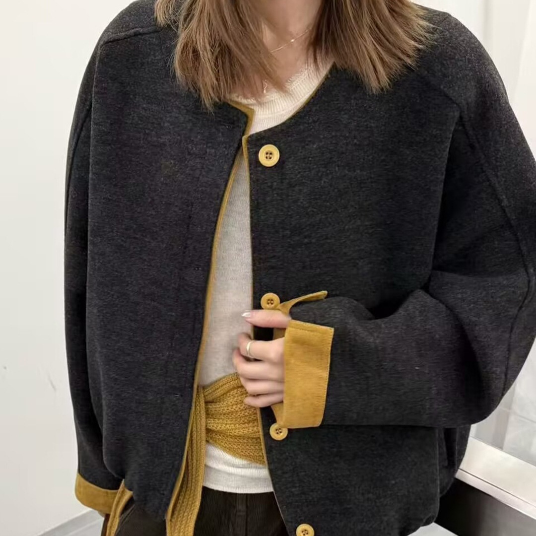 拼接撞色毛呢外套女欧洲站2025秋季新款休闲百搭小个子夹克上衣