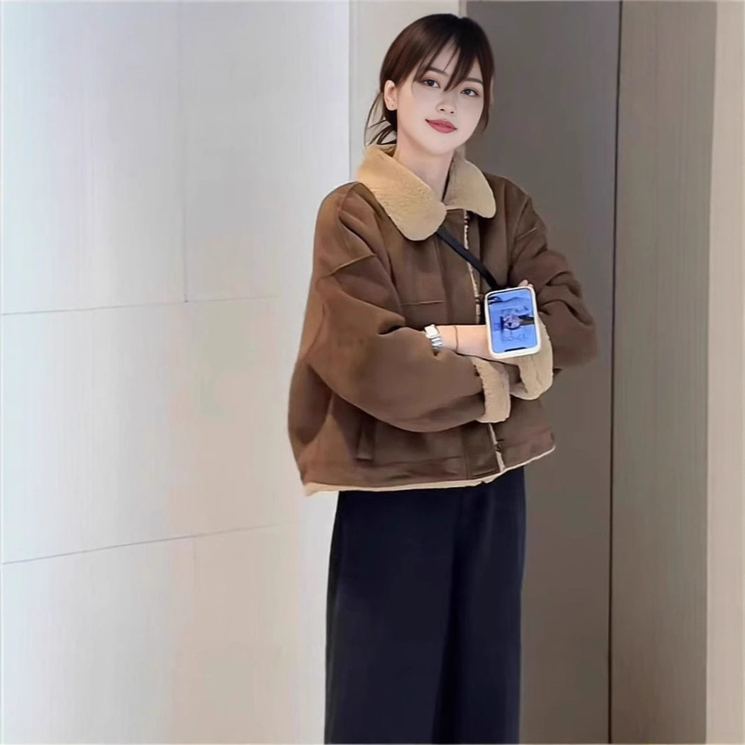 加棉羊羔毛皮毛一体外套女2024冬季新款复古宽松显瘦鹿皮绒上衣潮