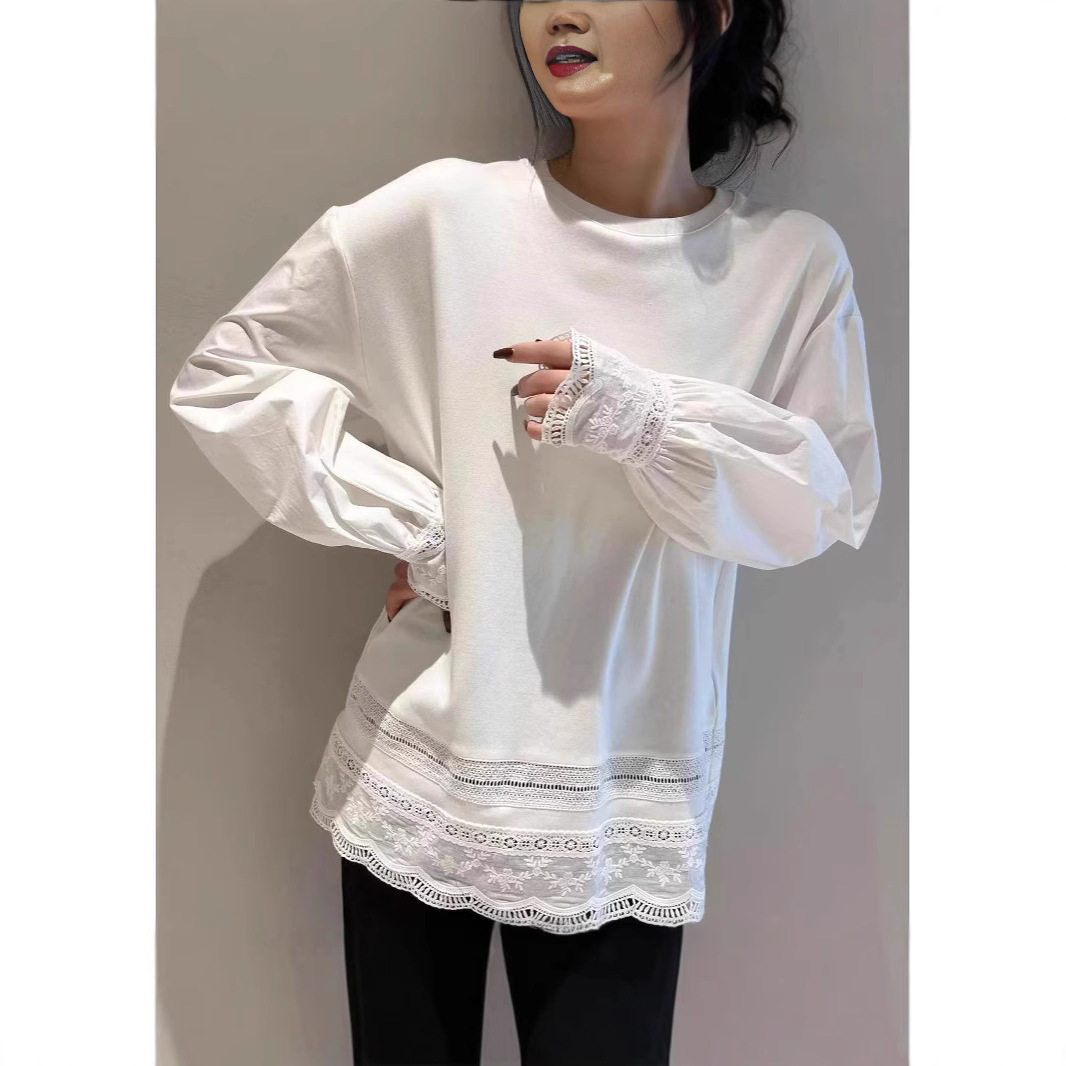 花边拼接蕾丝打底衫女款2025年春季新款韩系长袖t恤白色小众上衣