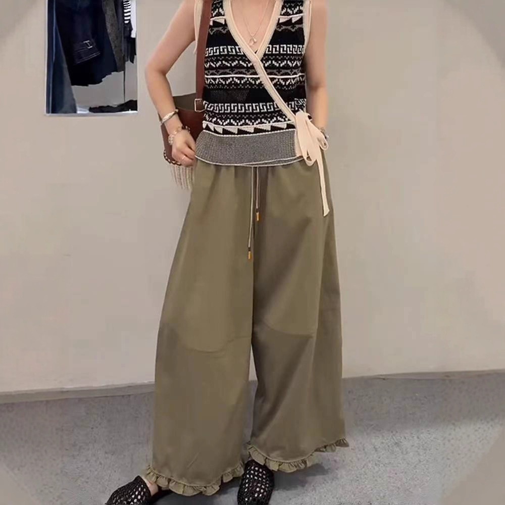 韩版复古时尚显瘦阔腿裤女夏款松弛慵懒宽松大摆宽松木耳花边