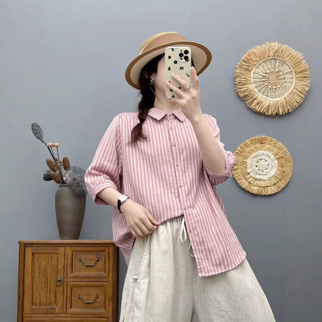 25年夏款衬衫短袖女条纹宽松休闲韩版学院风薄款亲肤衬衣半袖上衣