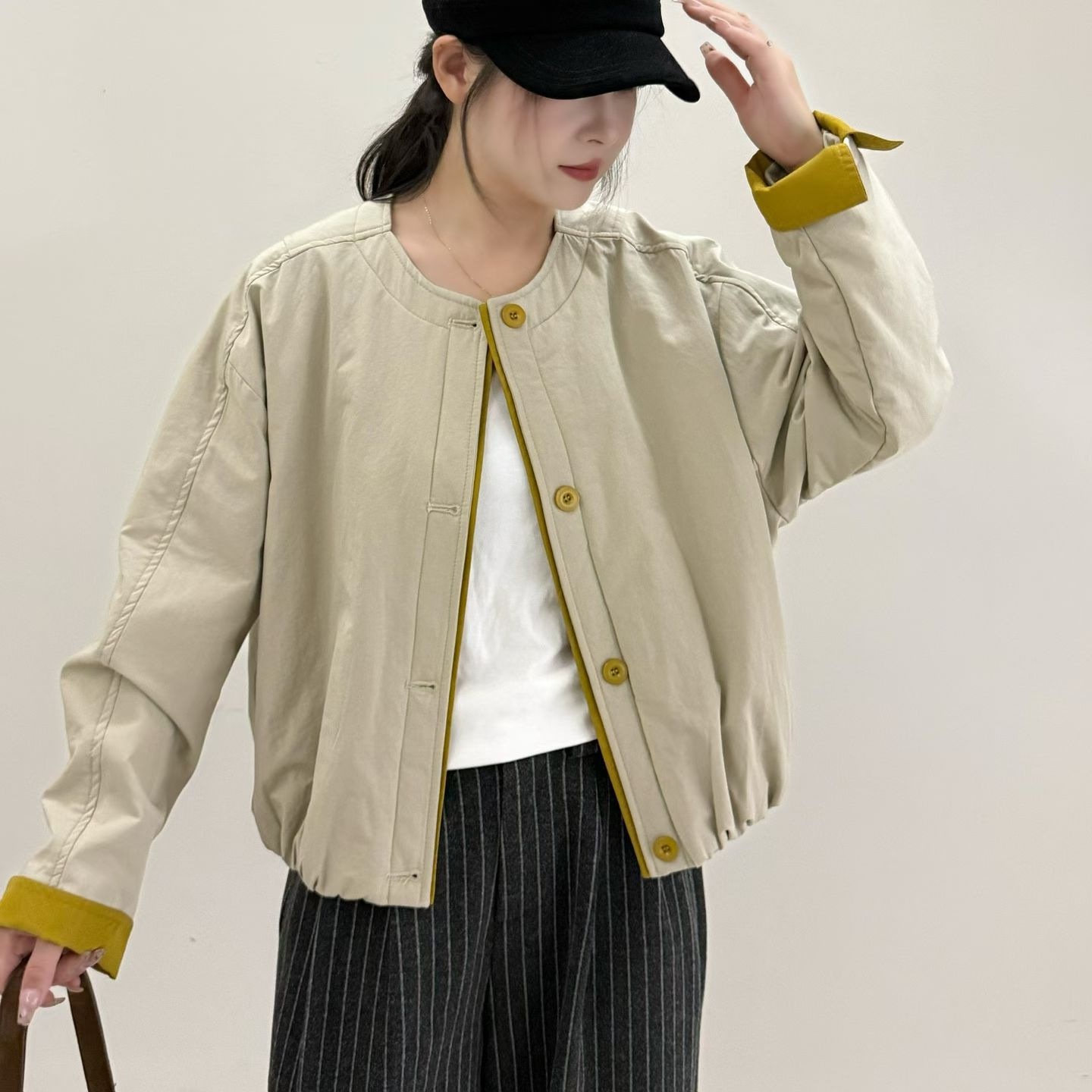 2025秋冬新款韩系糖果色单排扣撞色棉服外套女圆领时尚简约棉衣