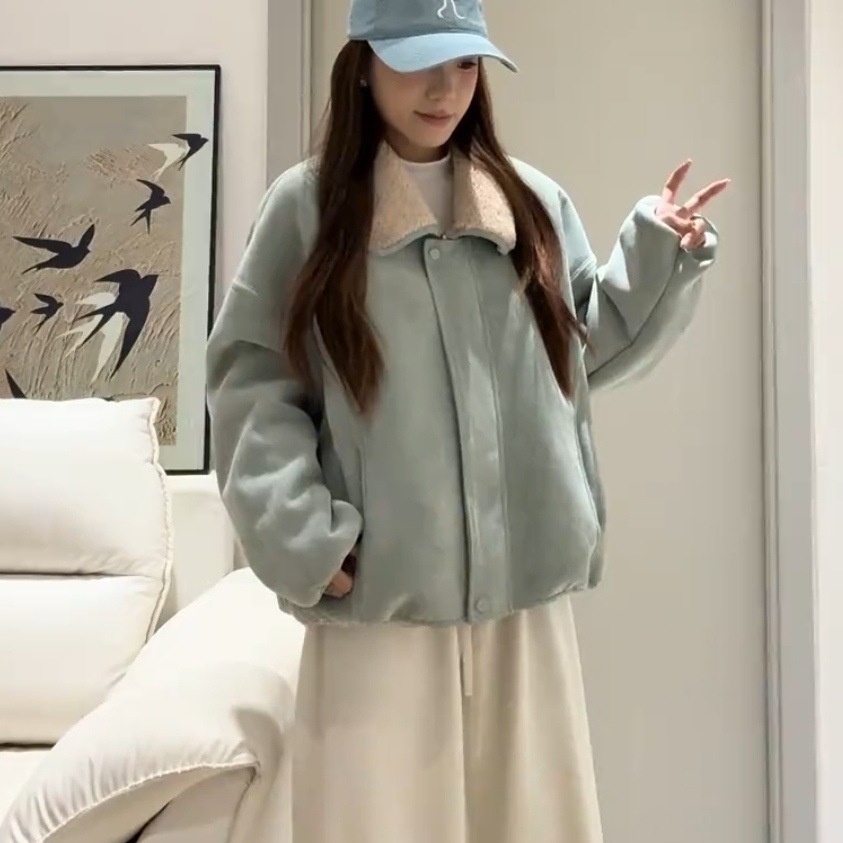 韩系翻领皮毛一体外套女2025秋冬新款加厚保暖百搭羊羔毛夹克上衣
