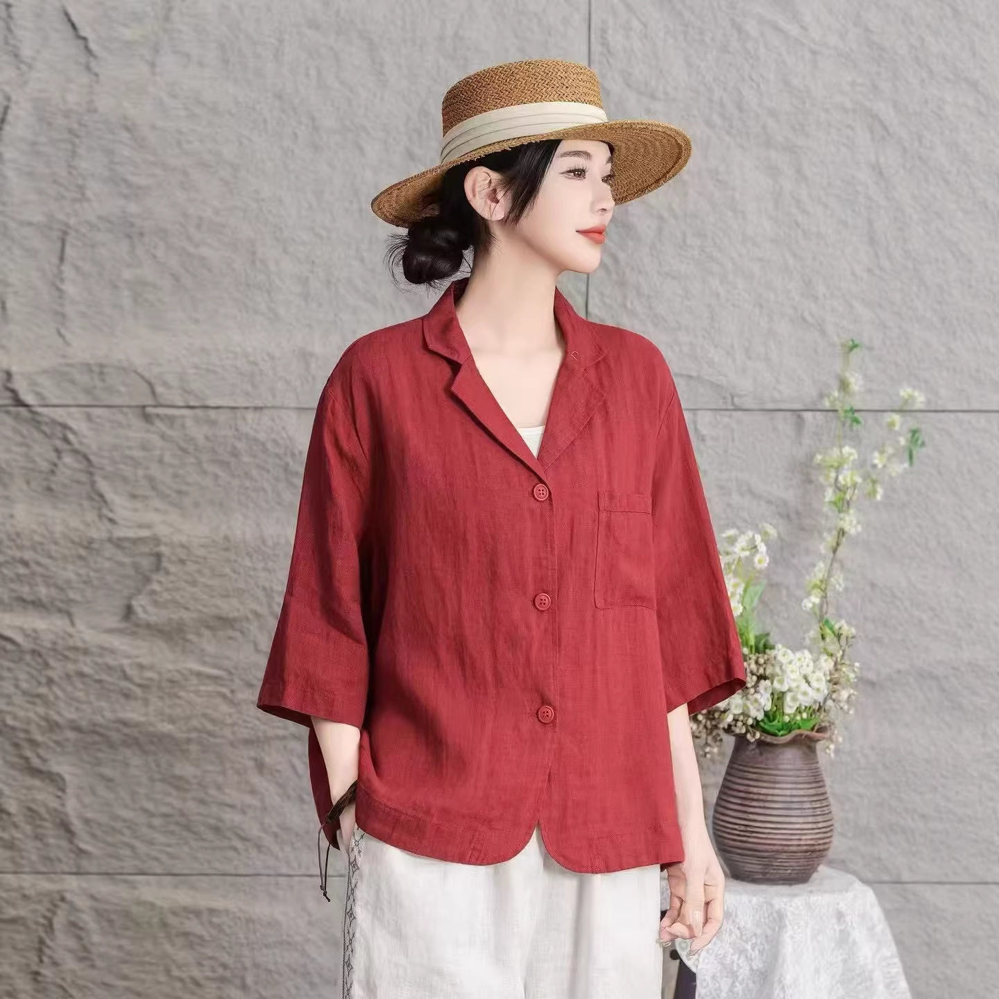 26年春款亚麻外套上衣女宽松休闲韩版小西装新款外套上衣时尚半袖