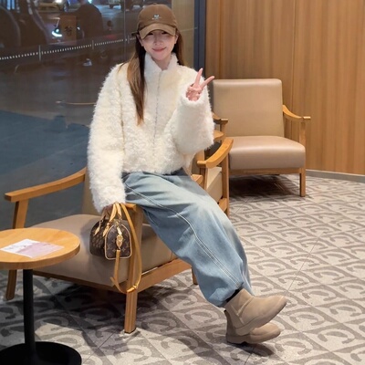 韩系立领羊羔毛短外套女冬季新款小个子皮草加厚保暖皮毛一体上衣