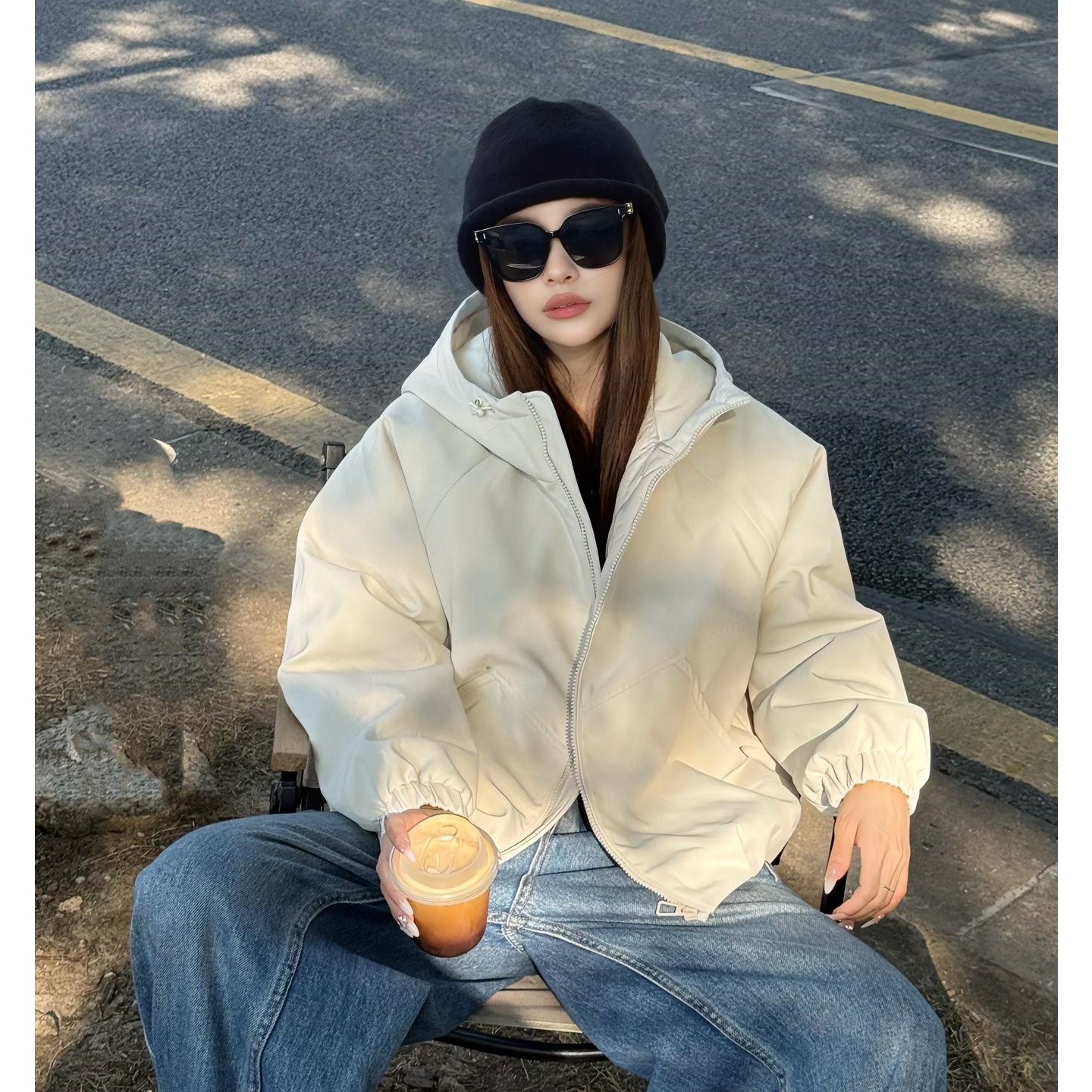 玫红色加棉连帽拉链冲锋衣外套女秋冬新款设计感宽松工装夹克外套