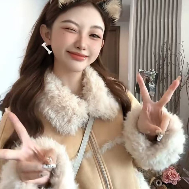 韩系感皮毛一体加厚外套女2025秋冬新款宽松小个子麂皮绒上衣