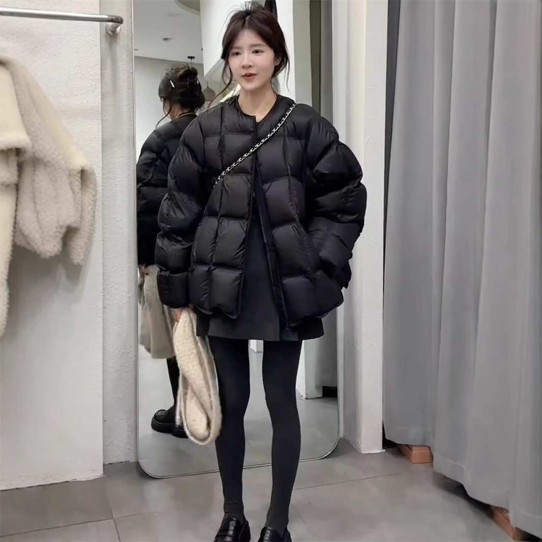 韩版纯色圆领压线小方格蓬蓬棉服女2024冬季爆款时尚保暖面包服