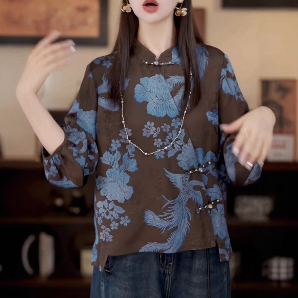 新中式国风立领盘扣咖色长袖衬衫女2025秋季洋气优雅禅意唐装