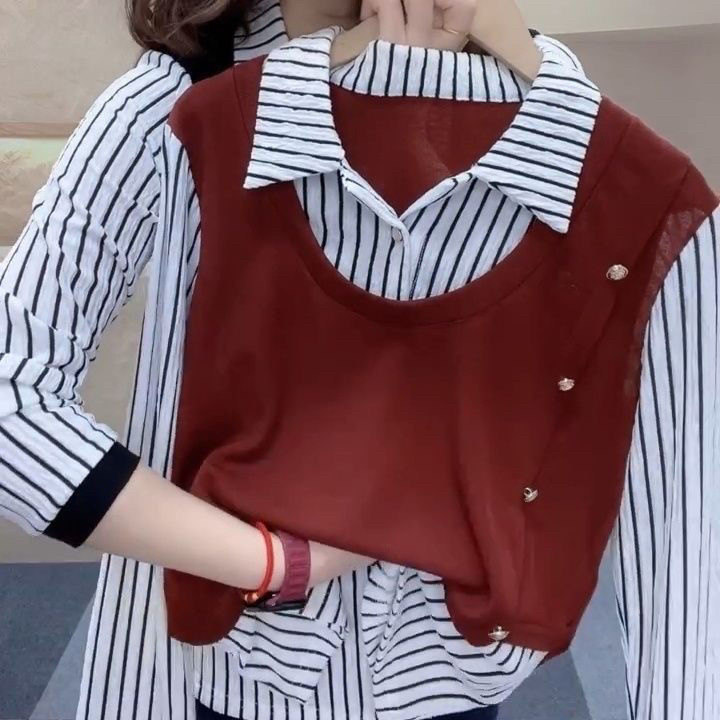 条纹小衫长袖衬衫假两件气质拼接休闲显瘦上衣衬衣新款中年妈妈装