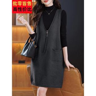 拉炼无袖马甲针织连衣裙背心女中长款口袋羊毛衫打底衫外穿妈妈装